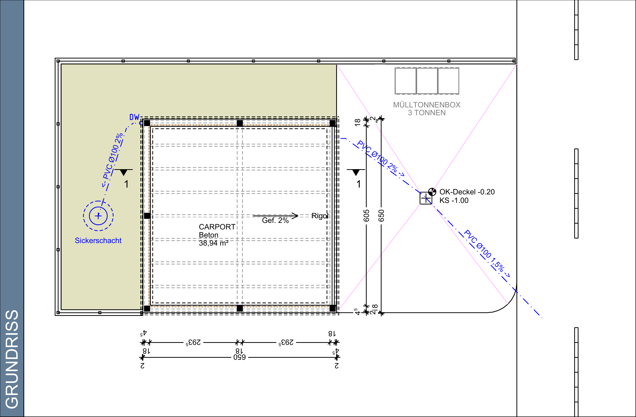 Bemaßter Carport-Grundriss mit Sickerschacht, Entwässerungsleitungen und Mülltonnenbox.